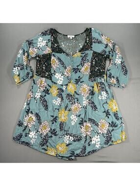 Umgee Top Small Floral Green Pullover Blouse Shirt Tunic V-Nec Boho Easy Care